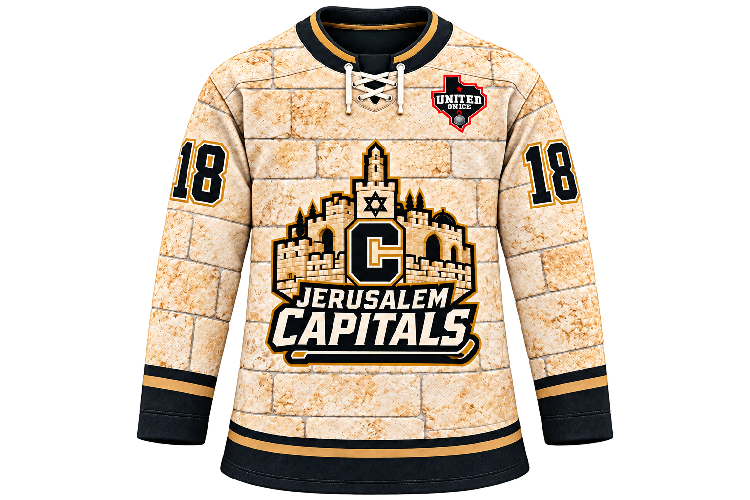 The gold and black Jerusalem Capitals hockey jersey